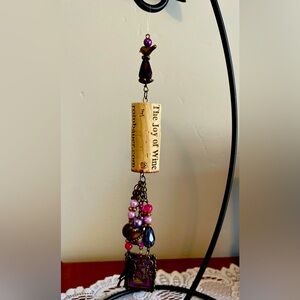 Hand made Purple and Pink Beaded Wine Cork Ornament with whimsical charms.